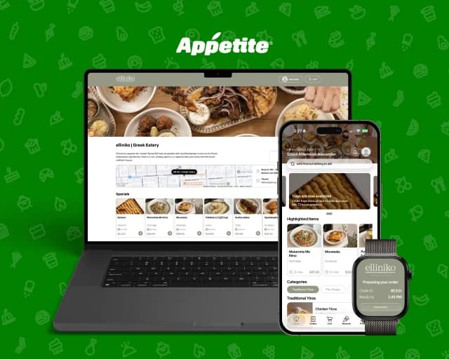 Appetite POS on two phones: the production overview with requests, latency and uptime, and the list of deployments