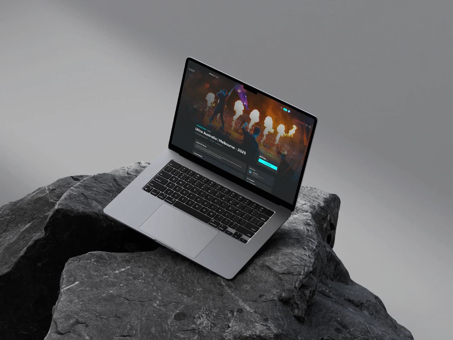 PRESTIX on a laptop: the event page for Ultra Australia, Melbourne 2025, with the ticket price and a countdown