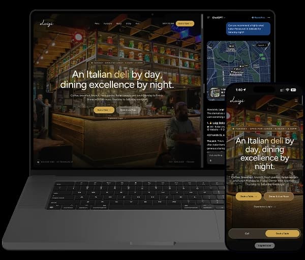 The Luigi Delicatessen website on a laptop and a phone, beside a ChatGPT answer recommending Luigi for Italian in Adelaide